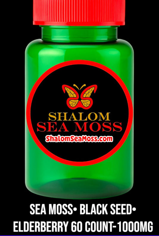 1 Pack of Shalom Sea Moss: Black Seed, Elderberry, Sea Moss (60ct) (May help with Covid, congestion, Flu)